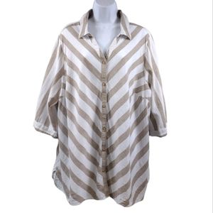 Catherines Beige and White Striped Button-Down Shirt